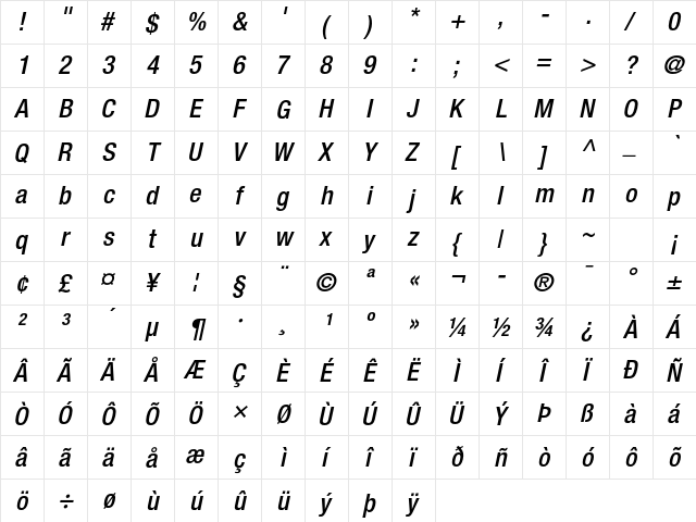 Helvetica Neue LT Pro 67 Medium Condensed Oblique  glyph index