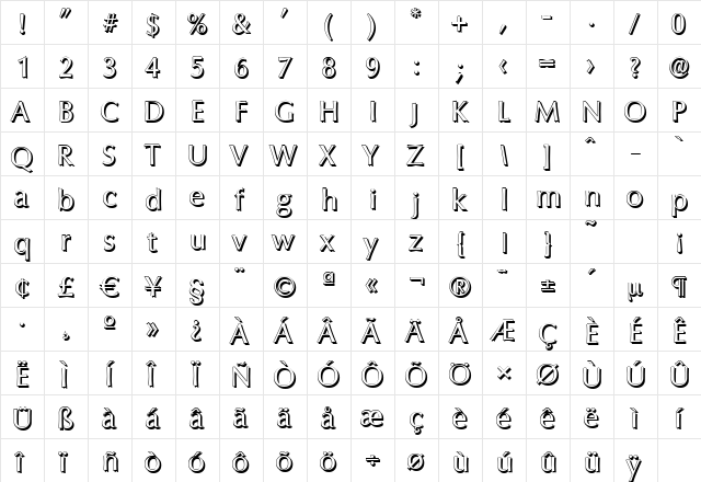 ColumbiaShadow Regular  glyph index