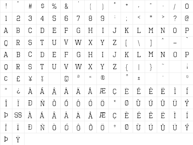 Octin Vintage B Regular  glyph index
