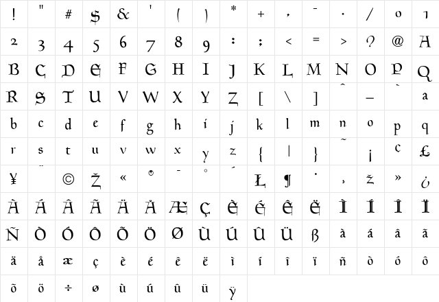 HinghamText Regular  glyph index