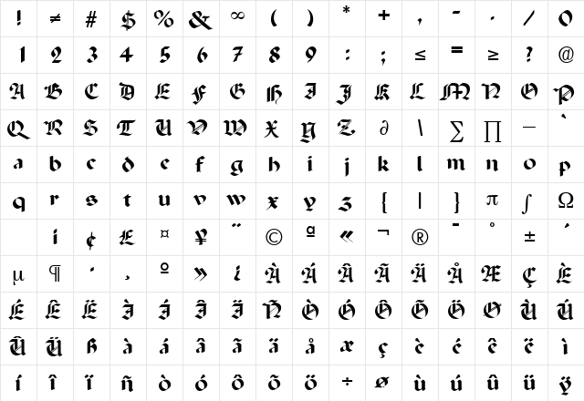 Paladin Medium  glyph index