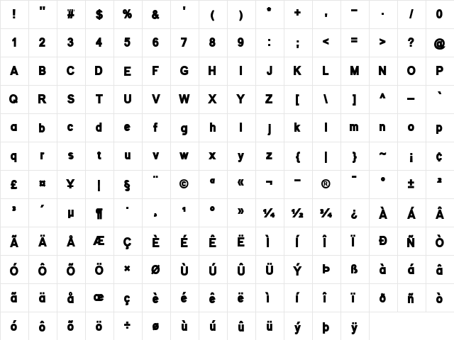 Stroud Regular  glyph index