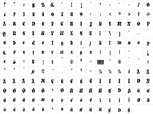 ParadeTight Regular  glyph index