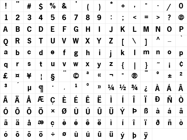 NewsGothic LT Bold  glyph index