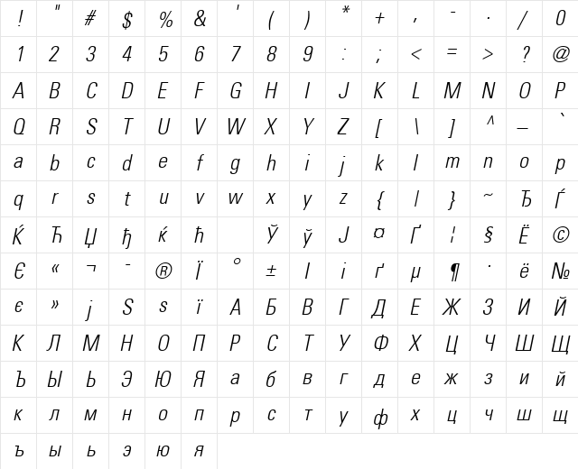 PartnerCondensedLight Oblique  glyph index