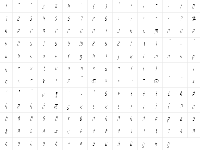 Komunique LightItalic  glyph index