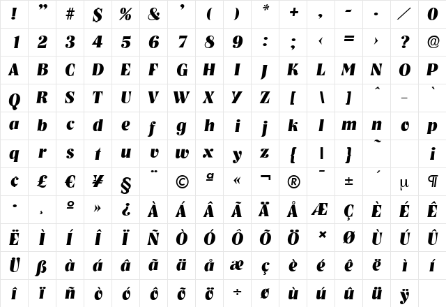 NashvilleSerial-Xbold Italic  glyph index