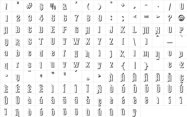 Rubens Shadow Regular  glyph index