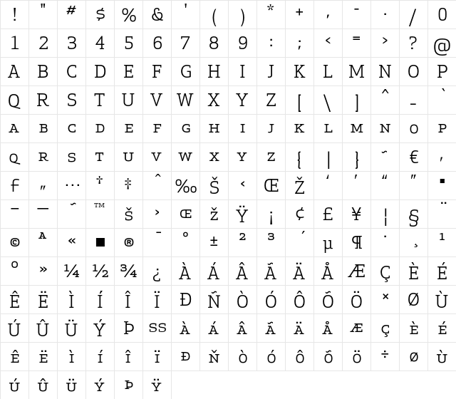 Apex Serif Book Caps Regular  glyph index