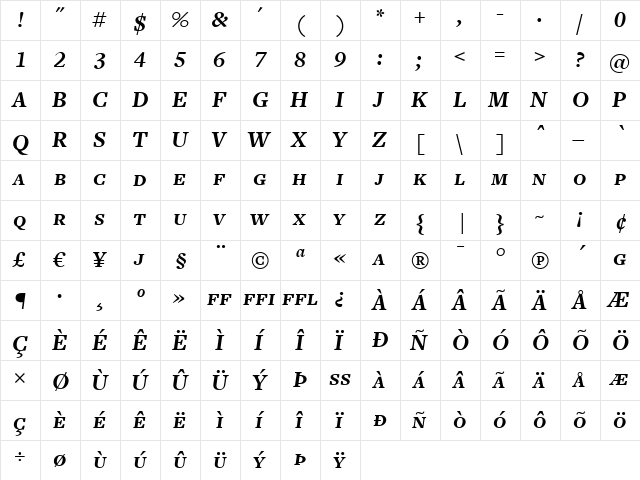 FreightText BoldItalicSC  glyph index