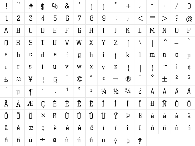 Berthold City Light  glyph index