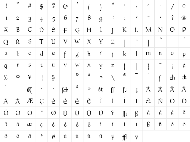 Goudy Thirty Regular  glyph index