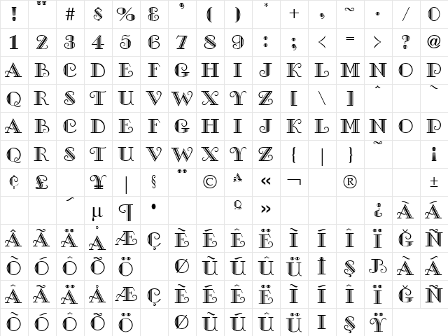 TR Galleria Regular  glyph index