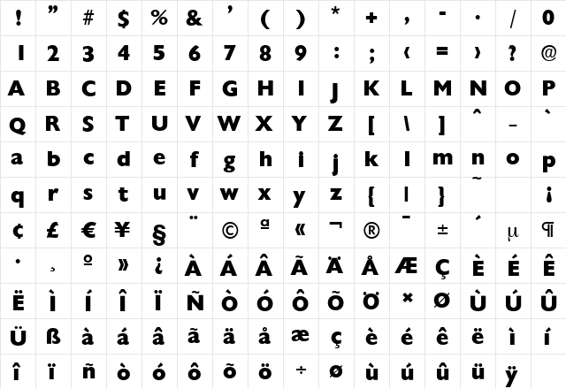 ChantillySerial-Xbold Regular  glyph index