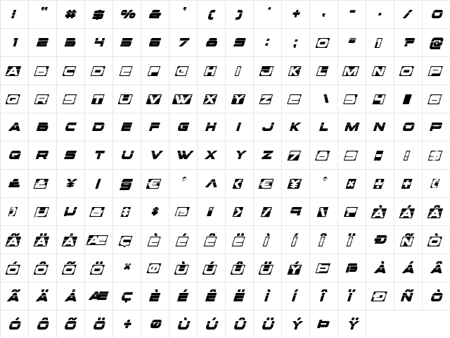 voxBOX Laser Italic Italic  glyph index
