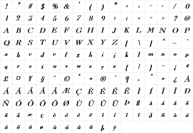 Lara Bold Italic Regular  glyph index