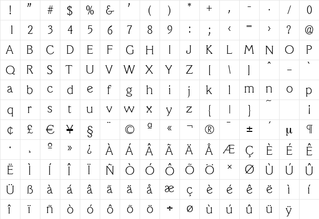 VeracruzSerial-Xlight Regular  glyph index