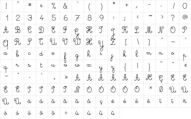 Cursive standard Regular  glyph index
