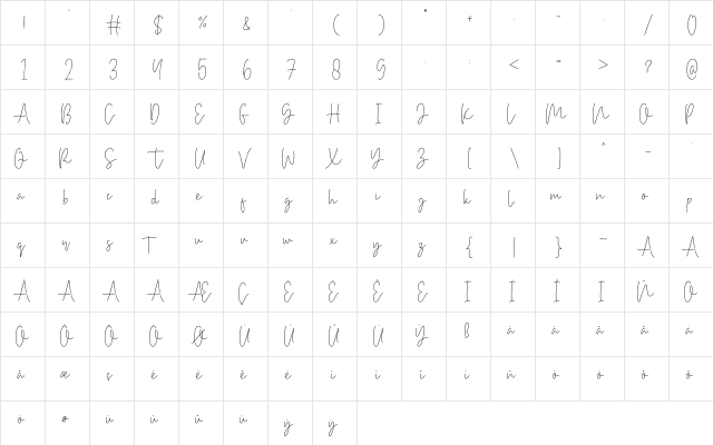 BethanWhite Regular  glyph index