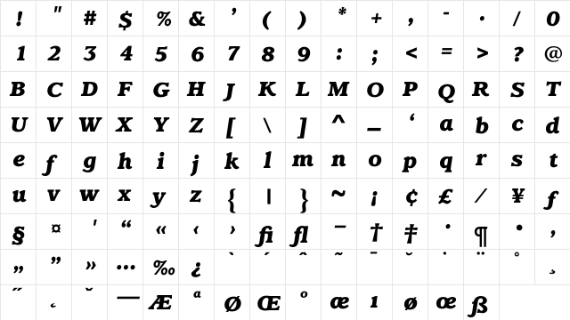 ClaremontExBldIt Regular  glyph index
