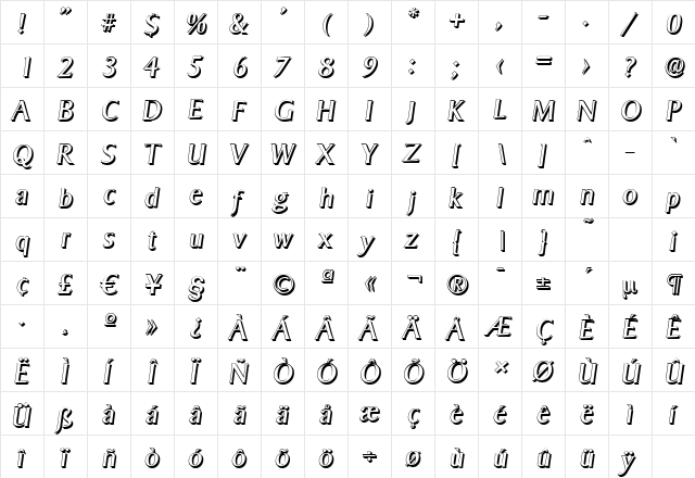 SigvarShadow Italic  glyph index