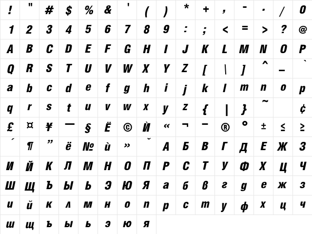 HebarCondBlack Italic  glyph index