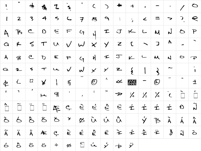 KeithsHand Regular  glyph index