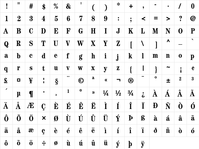 ITC Century Bold Condensed  glyph index