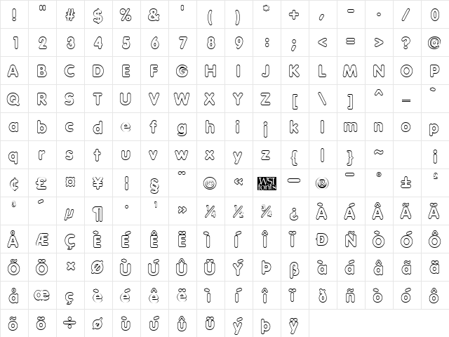 VagabondOutline Regular  glyph index