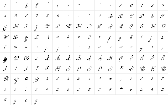 FZ SCRIPT 11 ITALIC Normal  glyph index