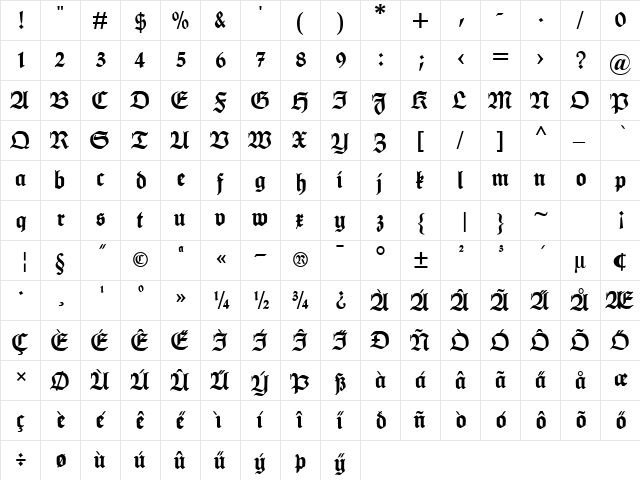 HumboldtFrakturUNZ1L Regular  glyph index