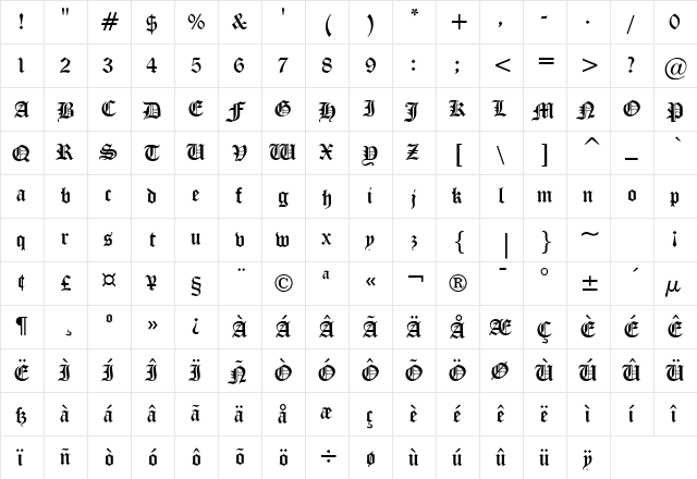 Midevil Extended Normal  glyph index