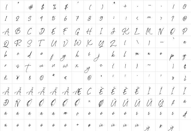 Golden Stanbury Signature Regular  glyph index