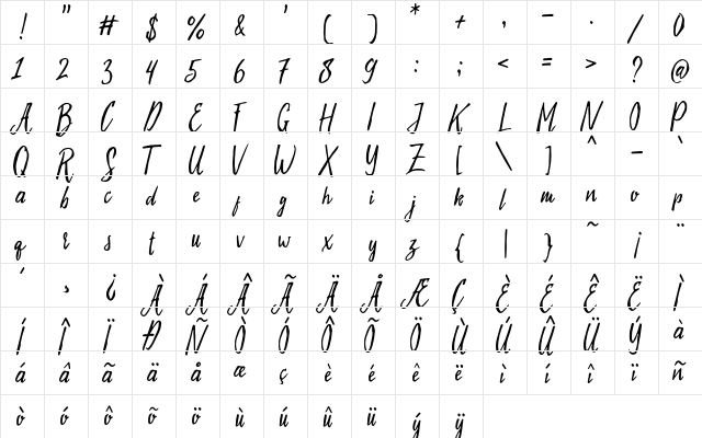 Evelyne Script Free Demo Regular  glyph index