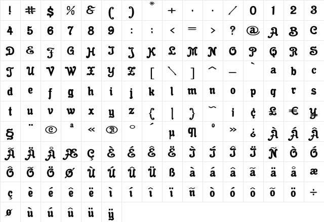 Cacao Fat Inline Regular  glyph index