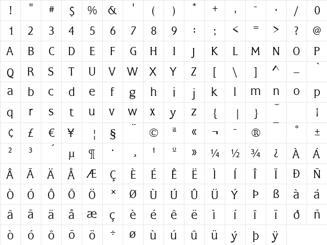Frascati-Light Regular  glyph index