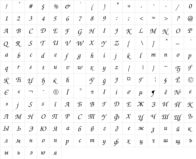 ZapfChanceryCTT Regular  glyph index