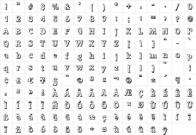 KevinBeckerShadow-ExtraBold Regular  glyph index