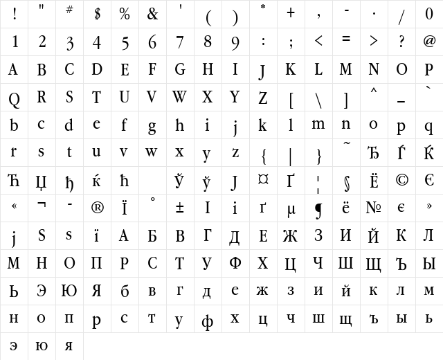 GaramondBookNarrowCTT Regular  glyph index