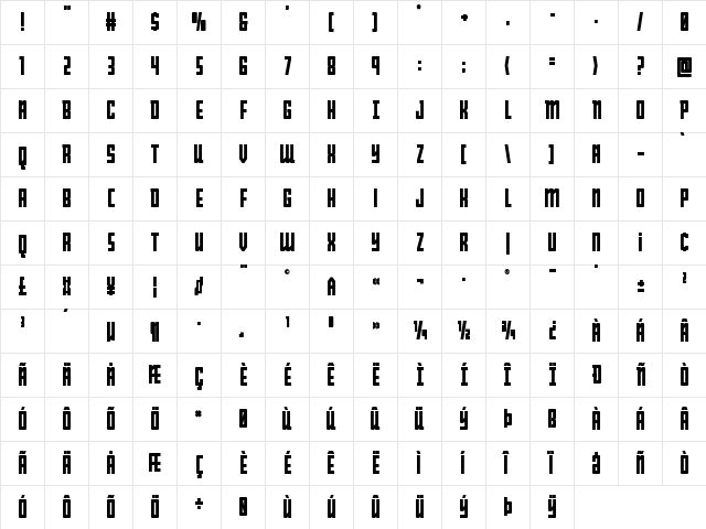 Young Patriot Bold Bold  glyph index