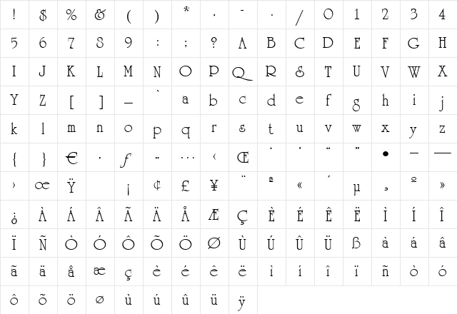 Quirinal Regular  glyph index