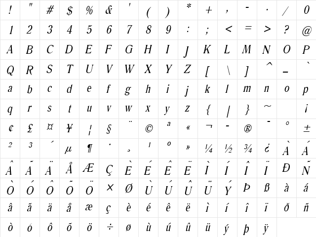 Roomy Condensed Italic  glyph index
