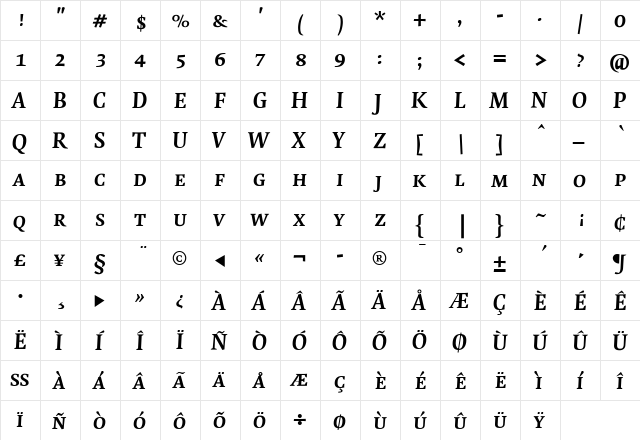 Quadraat Bold Italic  glyph index