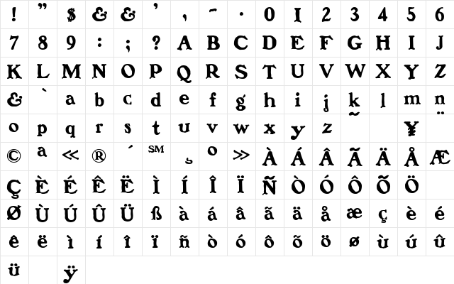 Bostonia Regular  glyph index