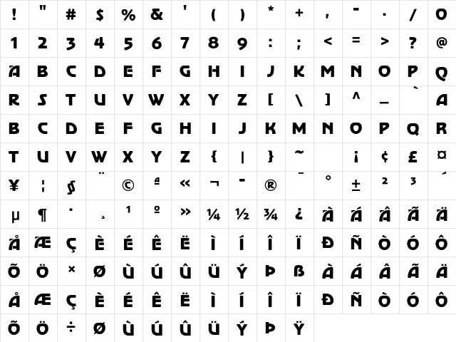 Diablo Std Regular  glyph index