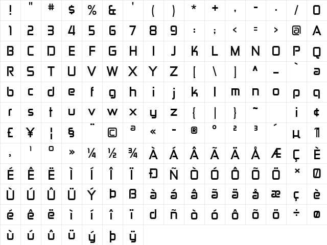 Zekton Rg Bold  glyph index