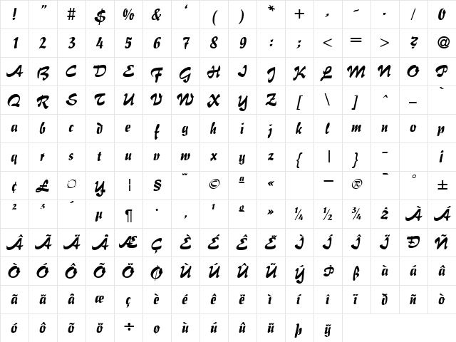 GE Flair Brush Regular  glyph index