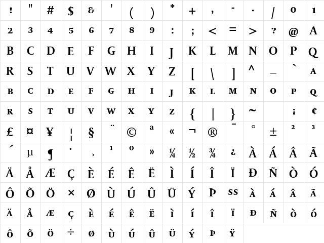 DTL Paradox T Caps Bold  glyph index
