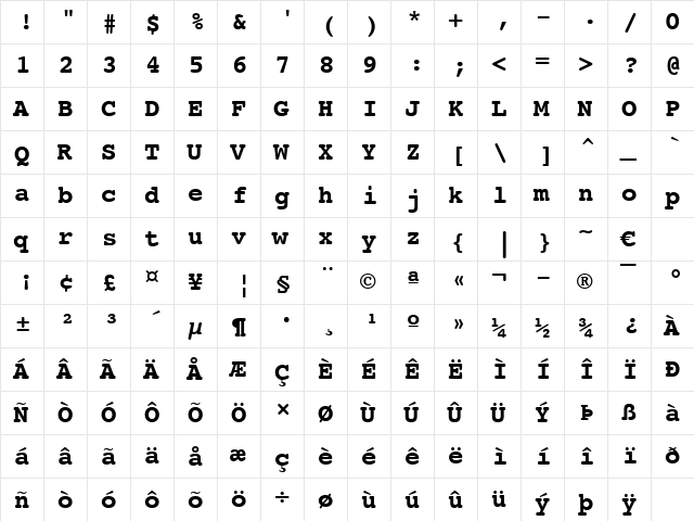 Courier10 WGL4 BT Bold  glyph index