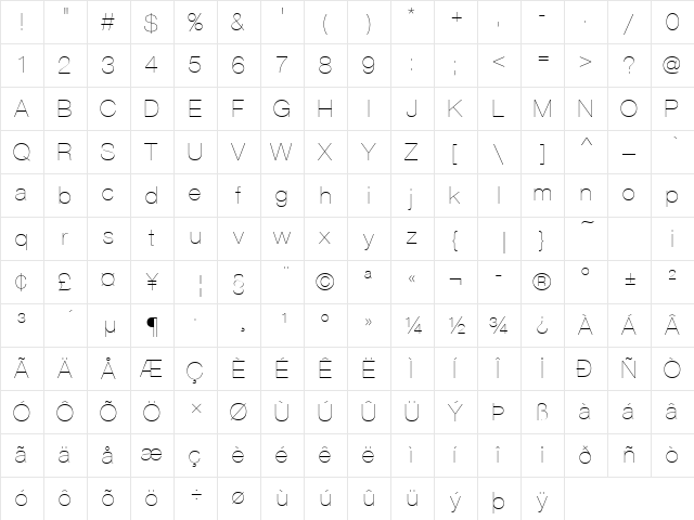 Nimbus Sans Becker PUltLig Regular  glyph index